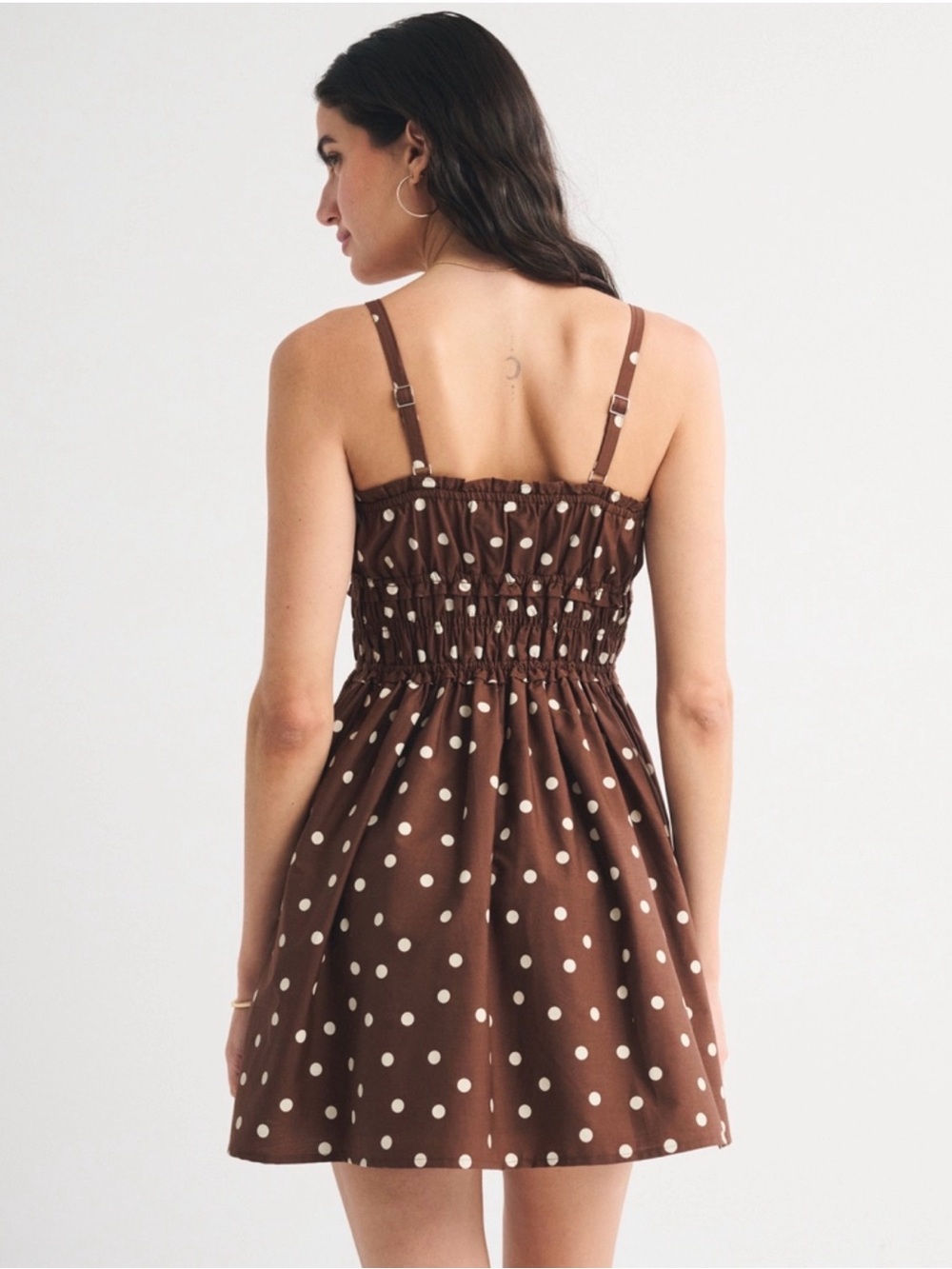 NWT Abercrombie & Fitch Brown Polka Dot Bra-Free Smocked Waist Mini Dress | M - Picture 2 of 8